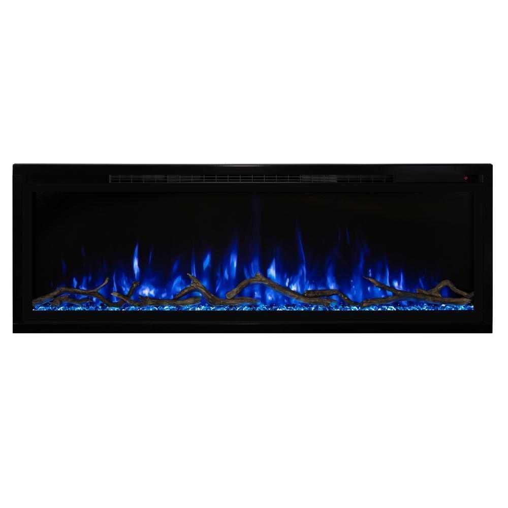 Spectrum Slimline Built-in/Wall Mounted Electric Fireplace - Modern electric fireplace with realistic blue flames and decorative logs, encased in a sleek black frame.