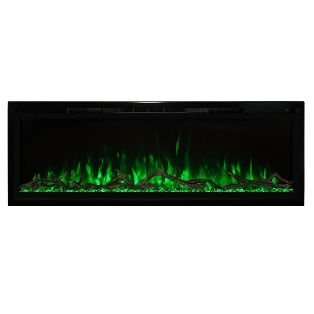Spectrum Slimline Built-in/Wall Mounted Electric Fireplace - Modern electric fireplace with vibrant green flames and decorative logs, set in a sleek black frame.