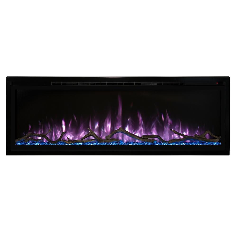 Spectrum Slimline Built-in/Wall Mounted Electric Fireplace - Modern electric fireplace with vibrant purple flames and blue glass crystals, housed in a sleek black frame.