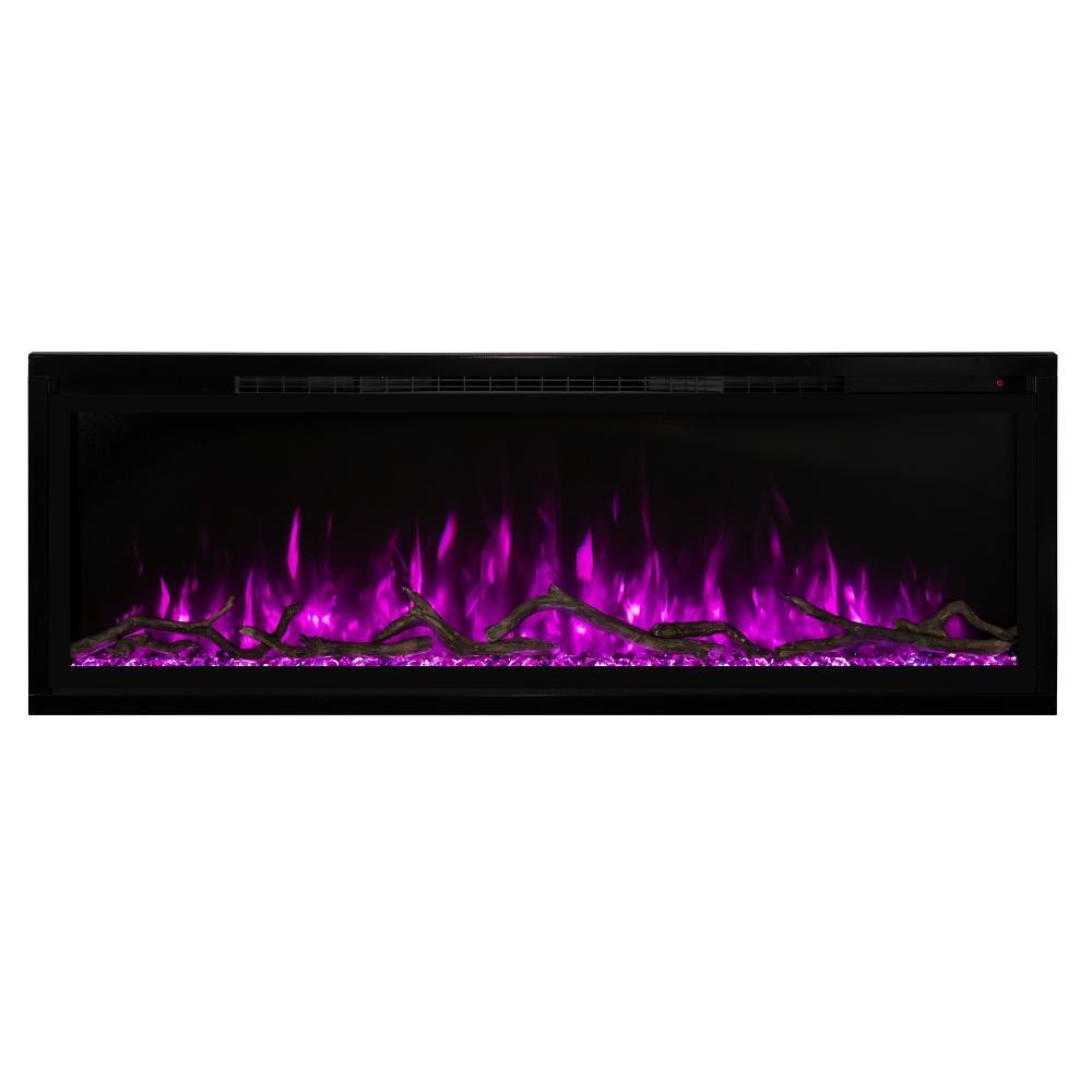 Spectrum Slimline Built-in/Wall Mounted Electric Fireplace - A modern electric fireplace with vibrant purple flames and decorative logs, set in a sleek black frame.