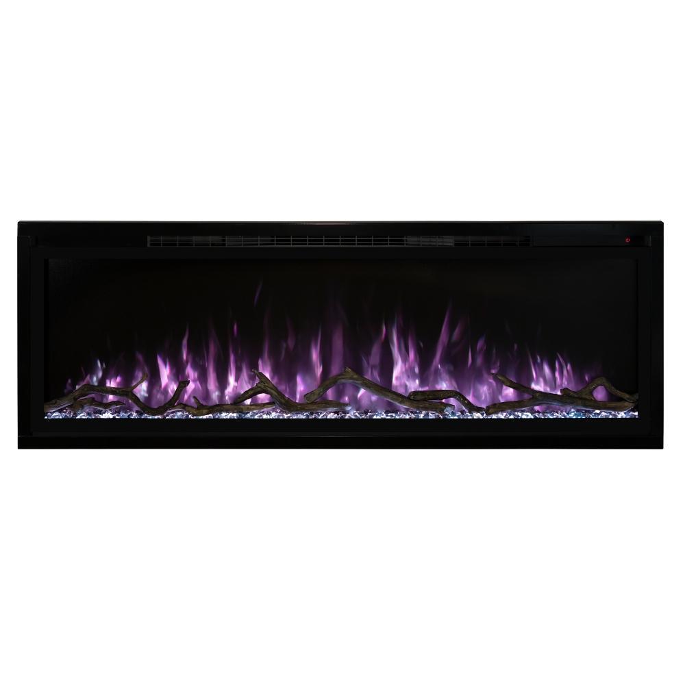 Spectrum Slimline Built-in/Wall Mounted Electric Fireplace - A modern electric fireplace with vibrant purple flames and decorative glass stones, framed in a sleek black setup.
