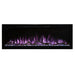 Spectrum Slimline Built-in/Wall Mounted Electric Fireplace - A modern electric fireplace with vibrant purple flames and decorative glass stones, framed in a sleek black setup.