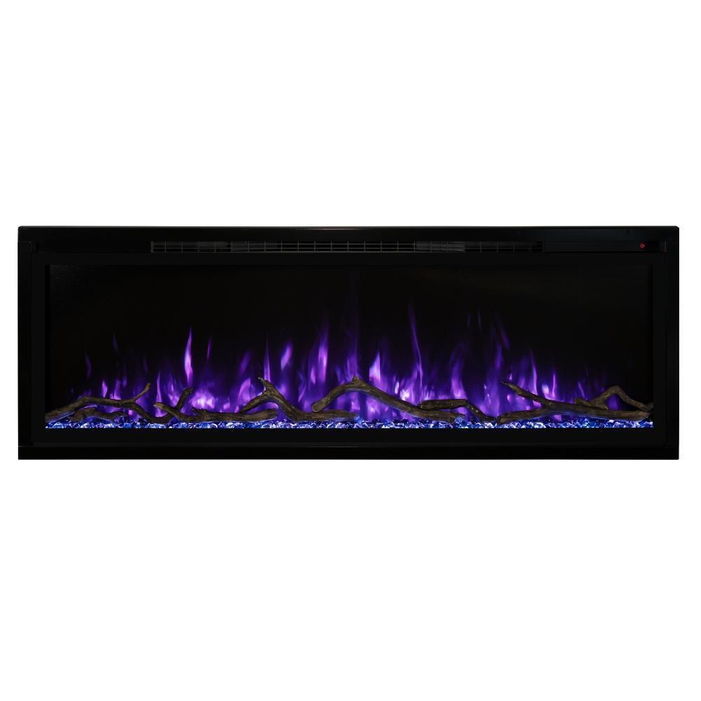 Spectrum Slimline Built-in/Wall Mounted Electric Fireplace - Modern electric fireplace with vibrant purple flames and illuminated glass rocks, framed in sleek black design.