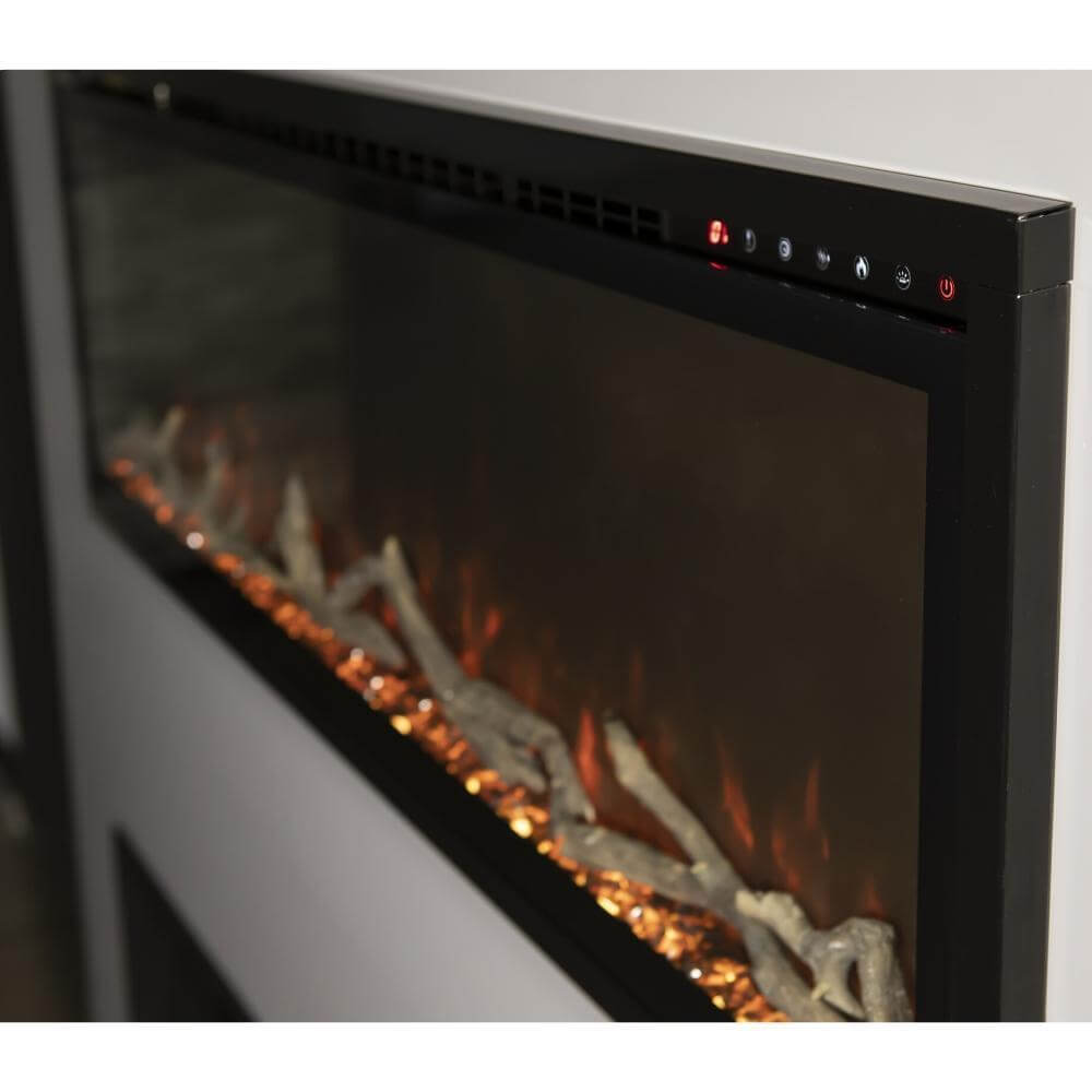 Spectrum Slimline Built-in/Wall Mounted Electric Fireplace - A modern electric wall fireplace featuring glowing orange logs, realistic flames, and sleek control buttons on top.