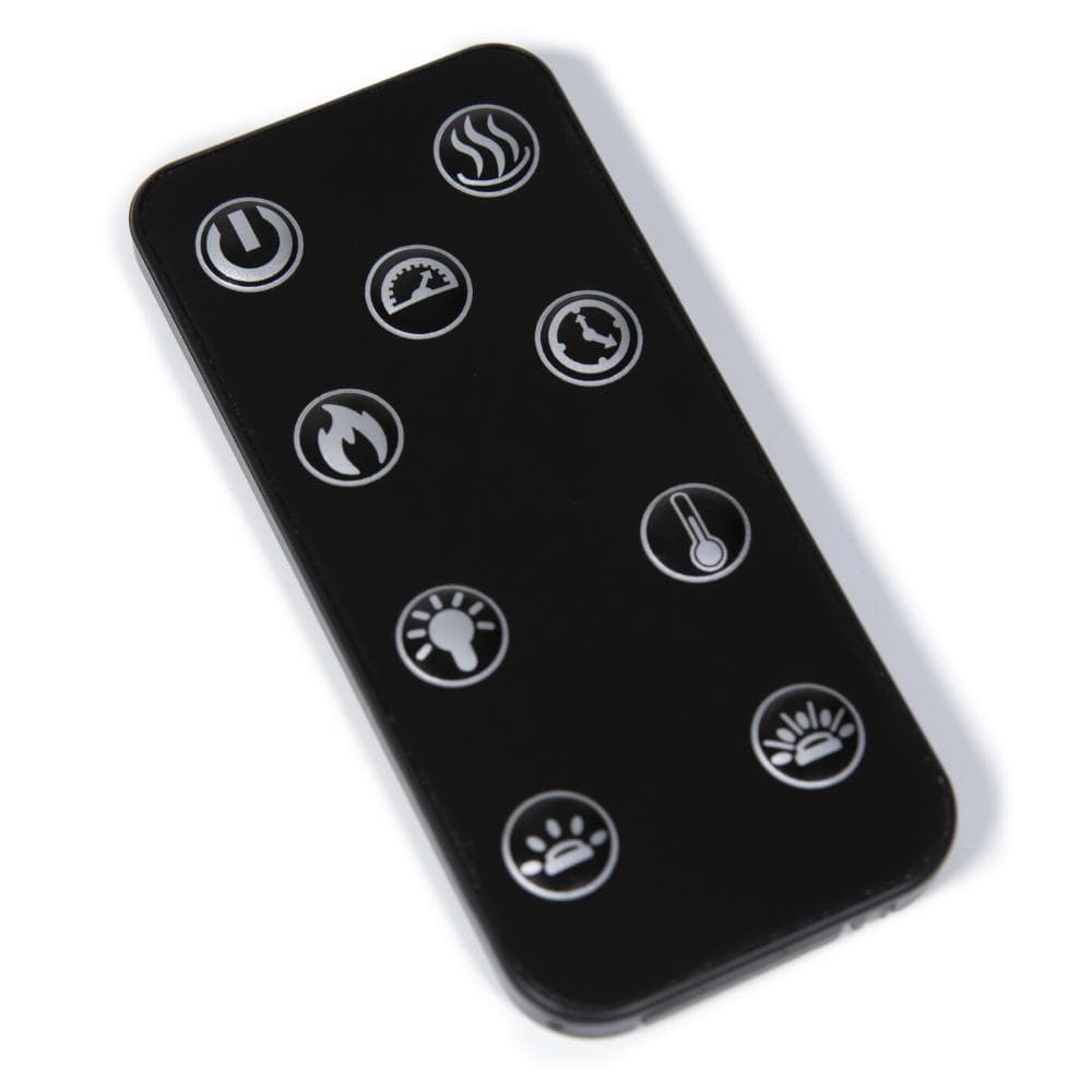 Spectrum Slimline Built-in/Wall Mounted Electric Fireplace - A black remote control featuring nine icons for various functions like heat, light, and temperature adjustments.