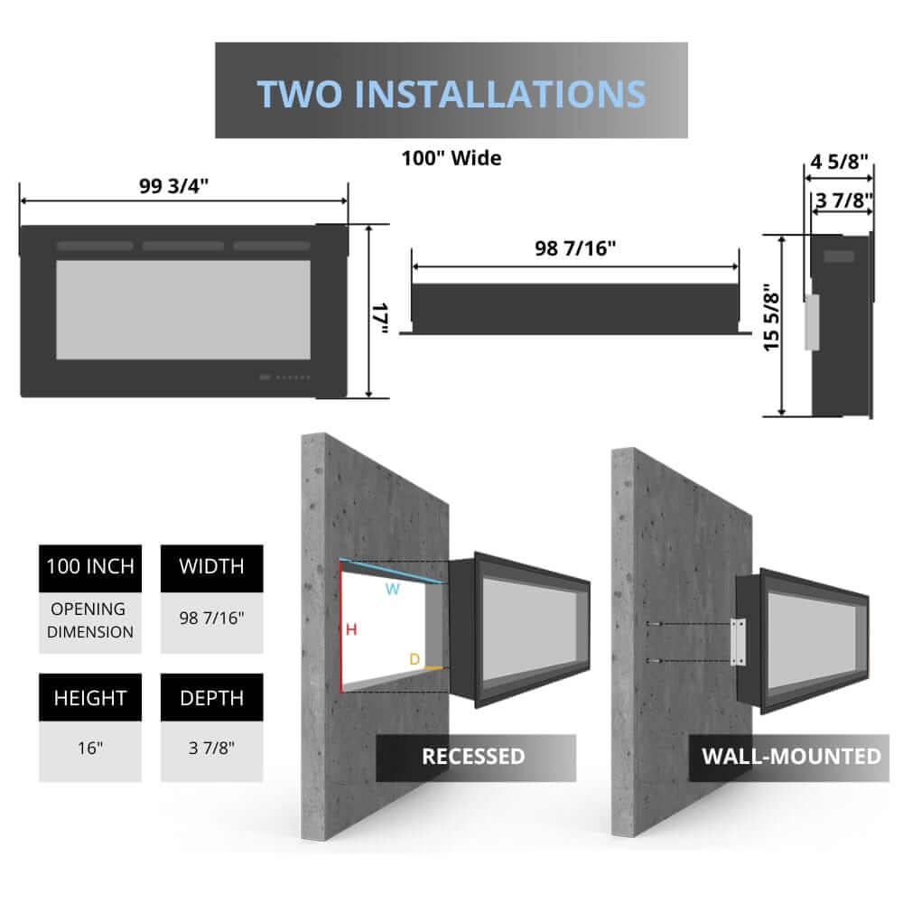Spectrum Slimline Built-in/Wall Mounted Electric Fireplace - Diagram showing specs for a 100-inch recessed or wall-mounted installation, with dimensions for width, height, and depth highlighted.