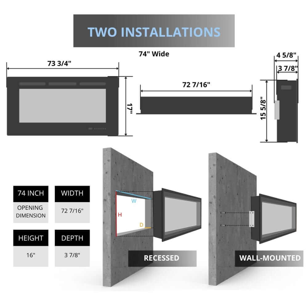 Spectrum Slimline Built-in/Wall Mounted Electric Fireplace - Diagram showing dimensions and installation options for a 74-inch wall-mounted or recessed unit, including width, height, and depth measurements.