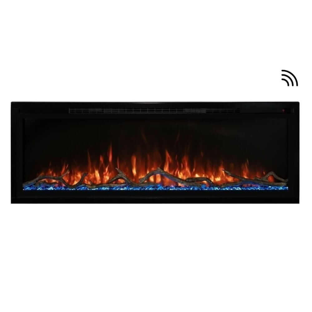 Spectrum Slimline Built-in/Wall Mounted Electric Fireplace - Eight-foot electric fireplace with realistic flames and blue crystal accents, set within a sleek black frame.