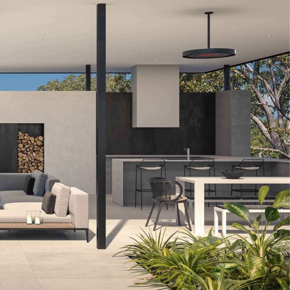 Modern patio with stylish furniture and a Bromic Eclipse Smart-Heat heater for elegant home warmth.