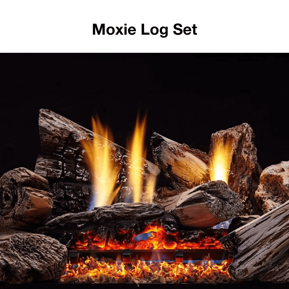 Moxie log set featuring realistic flames and natural wood textures for an authentic fireplace experience.
