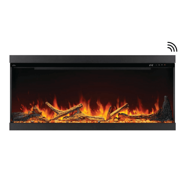 Napoleon Astound FlexMount 3-Sided Smart Electric Fireplace with realistic flames and wood logs, Alexa/Google compatible.