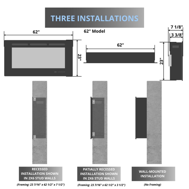 Dimensions and installation options for Napoleon Astound FlexMount 62" electric fireplace: recessed, partially recessed, and wall-mounted.