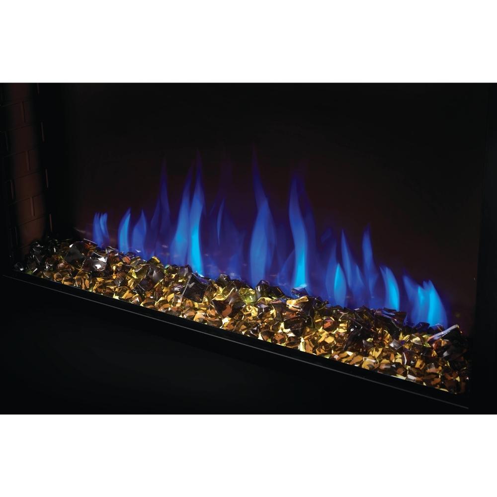 Close-up of Napoleon Cineview Built-in Electric Firebox with vibrant blue flames and decorative glass rocks.