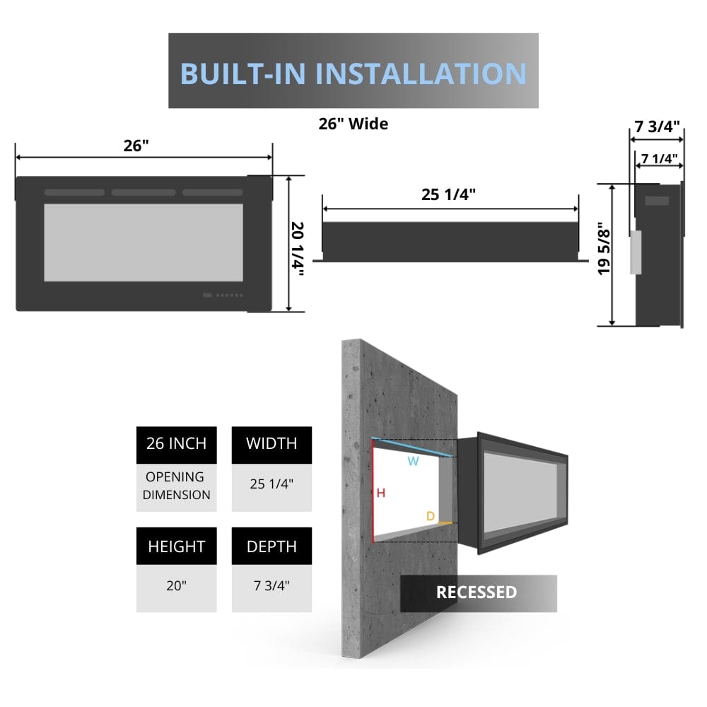 Napoleon Cineview Built-in Electric Firebox dimensions for recessed installation, showcasing width, height, and depth measurements.