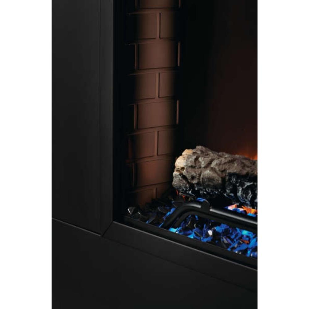 Close-up of the Napoleon Cineview Built-in Electric Firebox, showcasing the realistic logs and colorful ember bed.