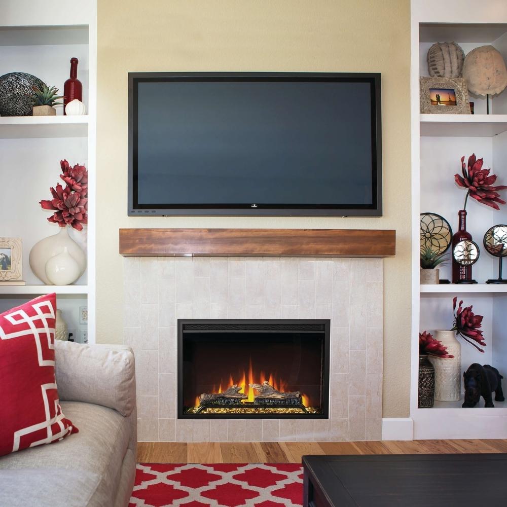 Modern living room featuring a Napoleon Cineview Built-in Electric Firebox as a stunning centerpiece with TV above.