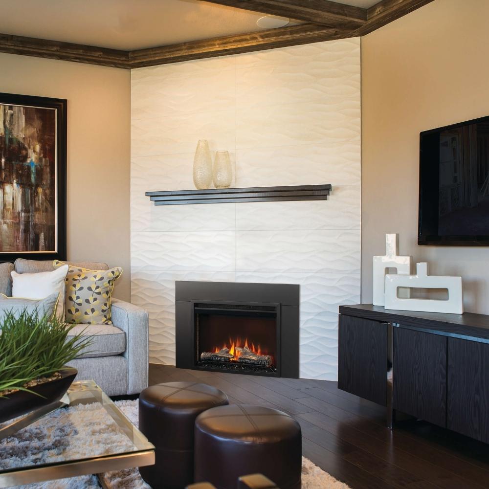 Modern living room featuring Napoleon Cineview built-in electric firebox as a stylish centerpiece.