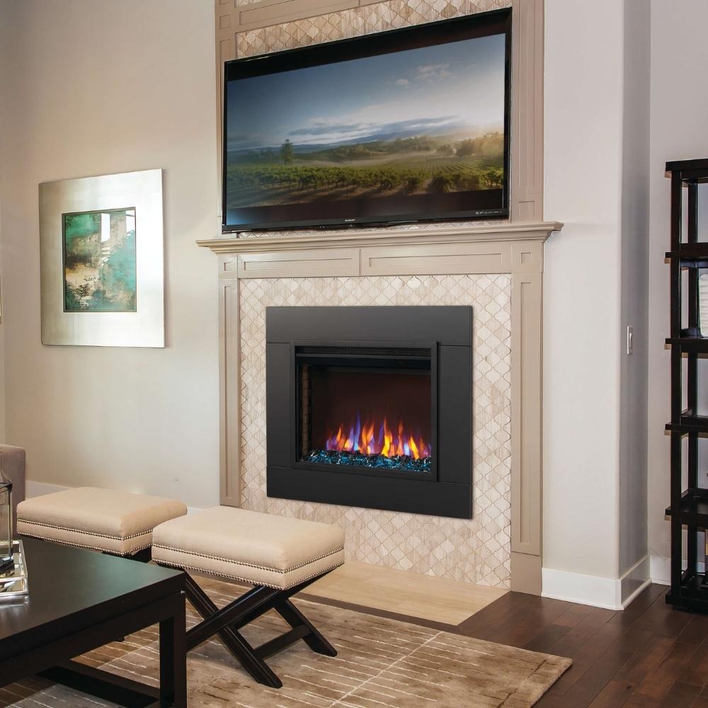 Napoleon Cineview built-in electric firebox as a stunning centerpiece in modern living room decor.