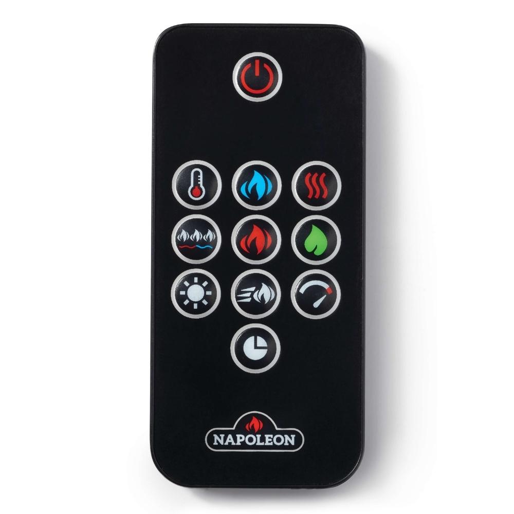 Napoleon electric firebox remote control with buttons for temperature, flame effect, and timer settings.
