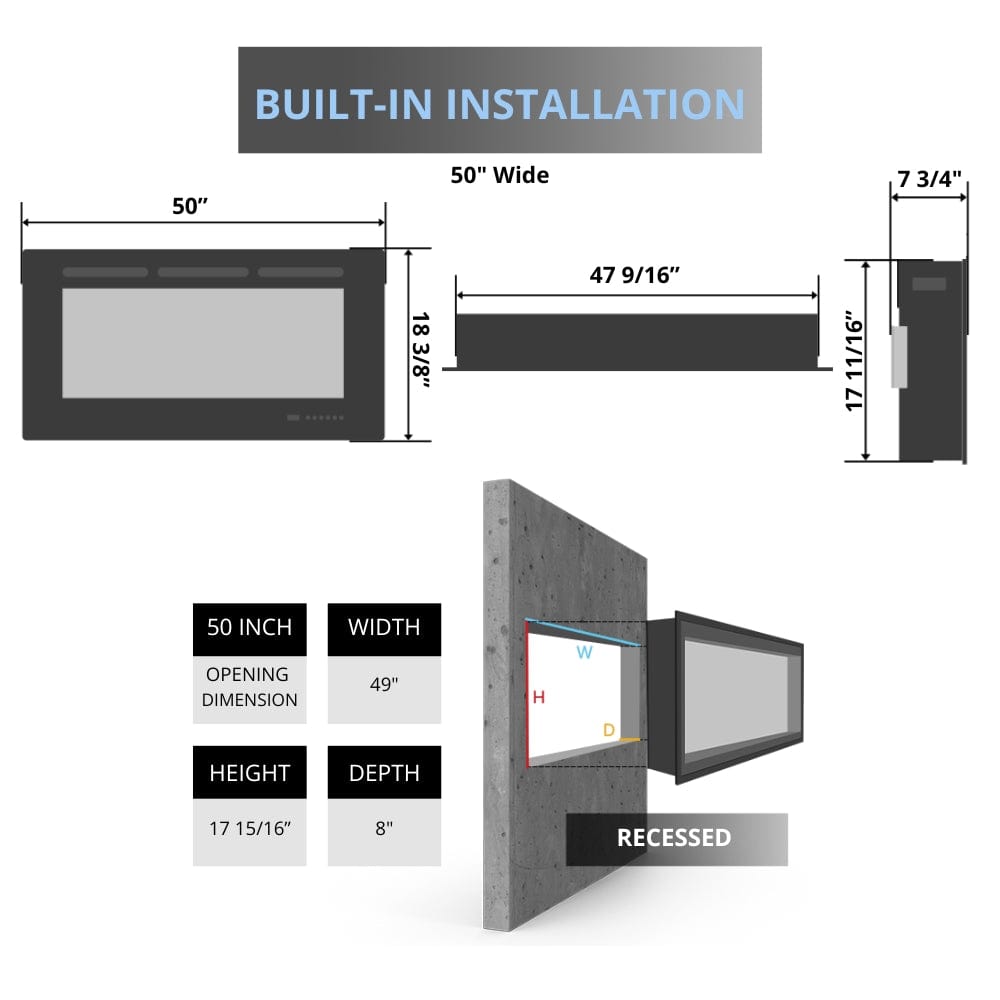 Built-in installation diagram for 50-inch Napoleon CLEARion Elite electric fireplace with dimensions.