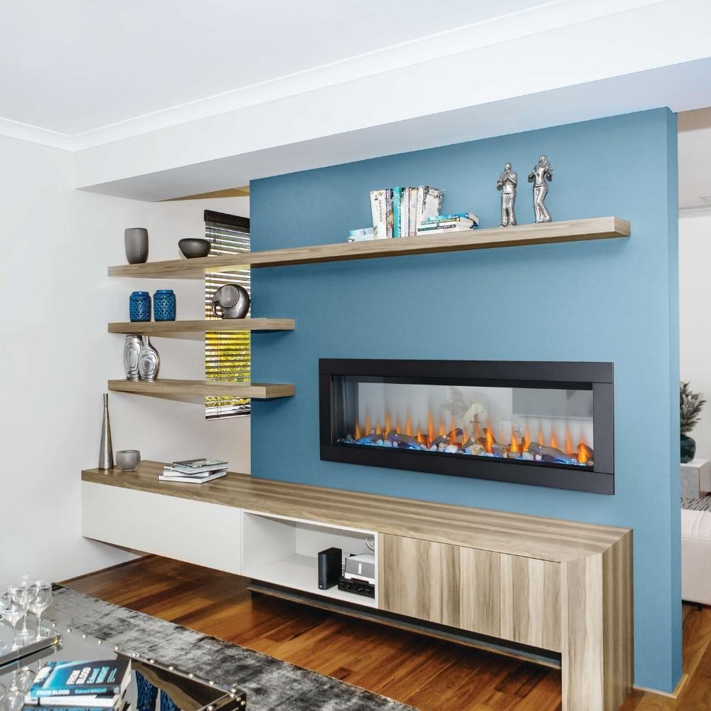 Modern interior featuring Napoleon CLEARion Elite see-through electric fireplace enhancing dual room ambiance.