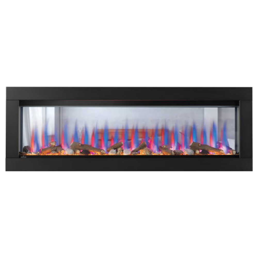 Napoleon CLEARion Elite see-through electric fireplace with colorful flames and decorative rocks.