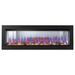 Napoleon CLEARion Elite see-through electric fireplace with colorful flames and decorative rocks.