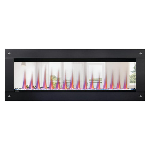 Napoleon CLEARion Elite See-Through Electric Fireplace with vibrant flames, enhancing ambiance in dual rooms.