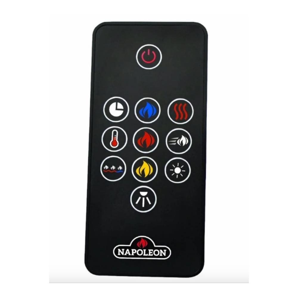 Remote control for Napoleon Trivista electric fireplace with various heat and flame settings.