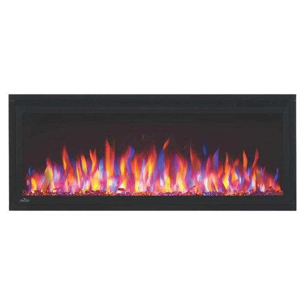 Napoleon Entice built-in electric fireplace with multicolor flames and realistic logs in a sleek black frame.