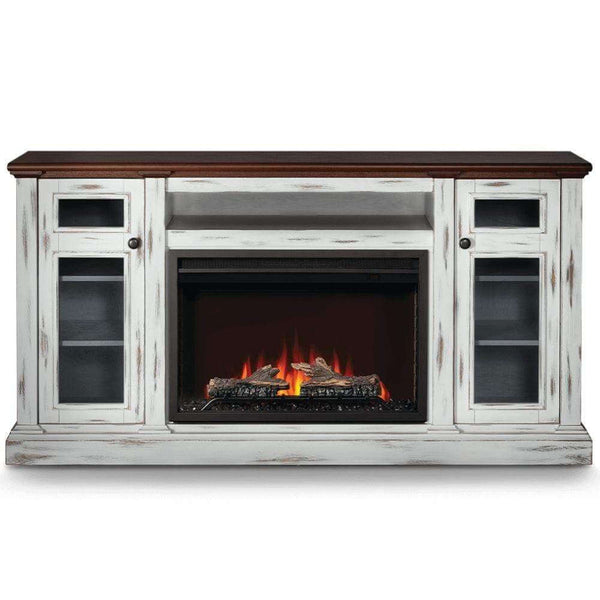 Rustic whitewash Napoleon Charlotte TV stand with electric fireplace for up to 75-inch TVs, cozy and stylish centerpiece.