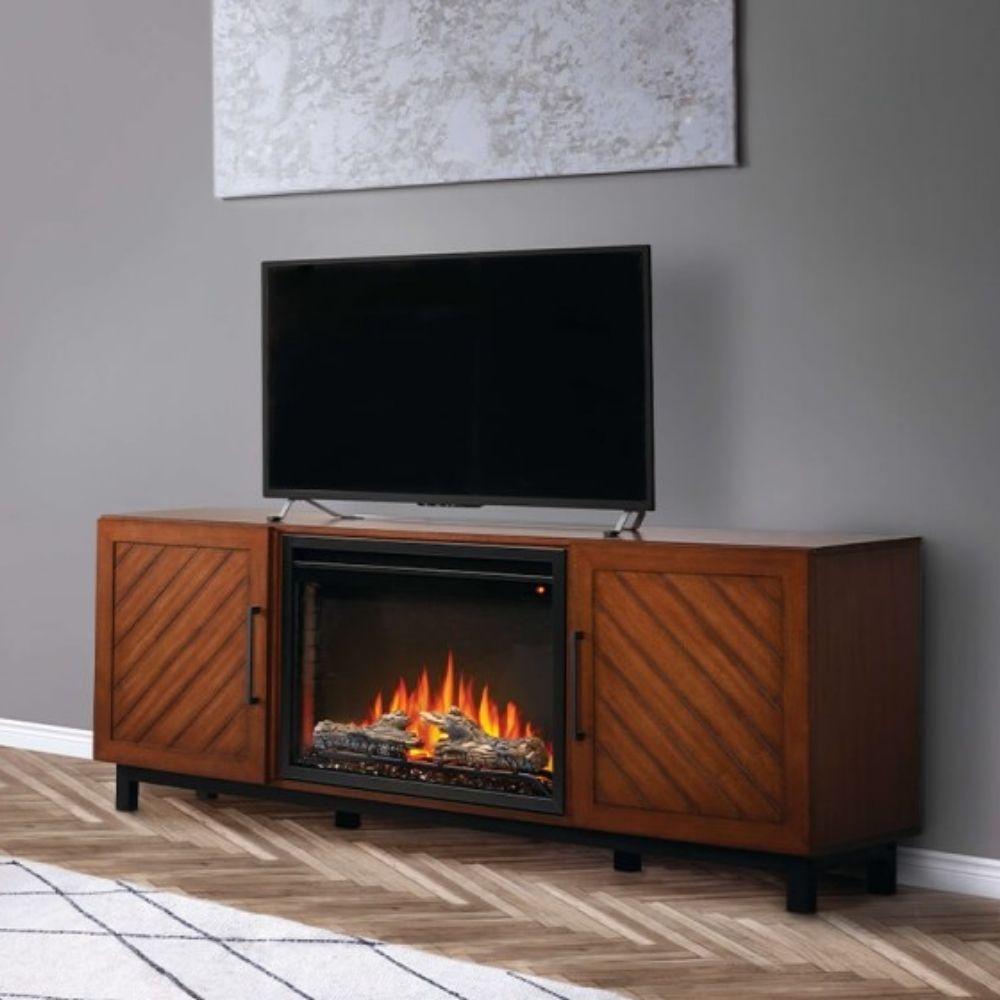 Modern Bella TV stand with electric fireplace, TV on top, and stylish storage cabinets.