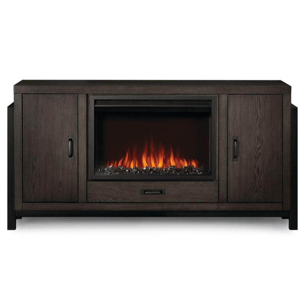 Napoleon Essential Series Franklin TV Stand with electric fireplace, designed for 75-inch TVs, in midcentury style.