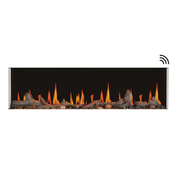 Napoleon Luminex 65-Inch smart electric fireplace with realistic flames and customizable log set.