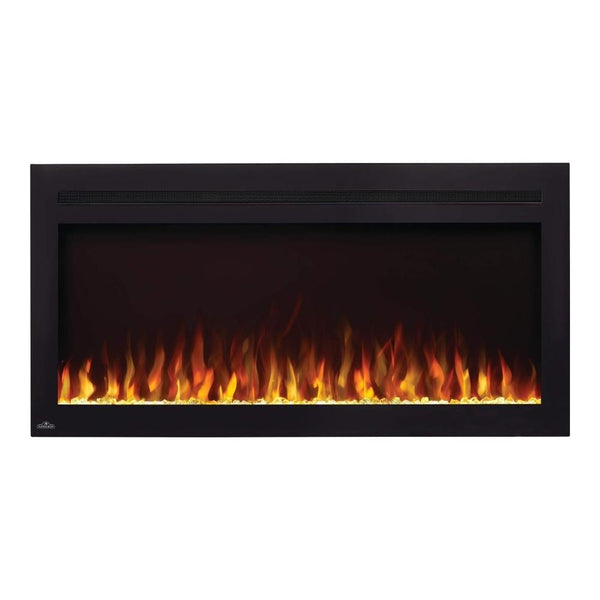 Napoleon PurView built-in electric fireplace with realistic flames and modern design, providing warmth and comfort.
