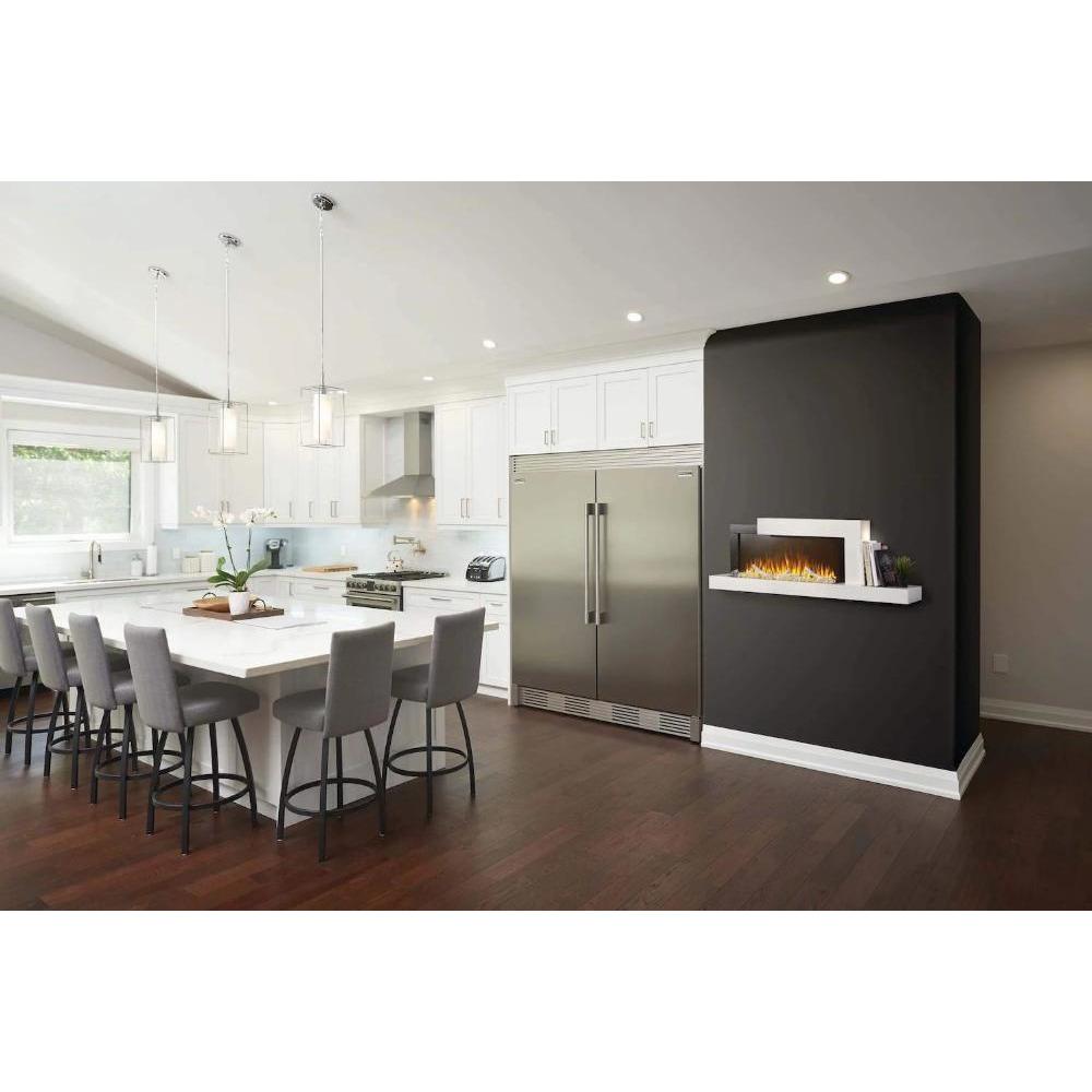 Modern kitchen featuring a Napoleon Stylus 59-inch electric fireplace with a functional shelf.