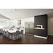 Modern kitchen featuring a Napoleon Stylus 59-inch electric fireplace with a functional shelf.