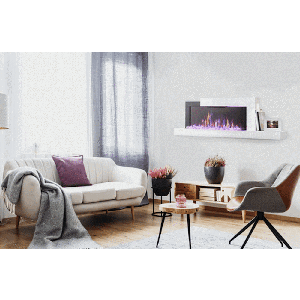 Modern living room with Napoleon Stylus wall mounted electric fireplace and stylish furniture.