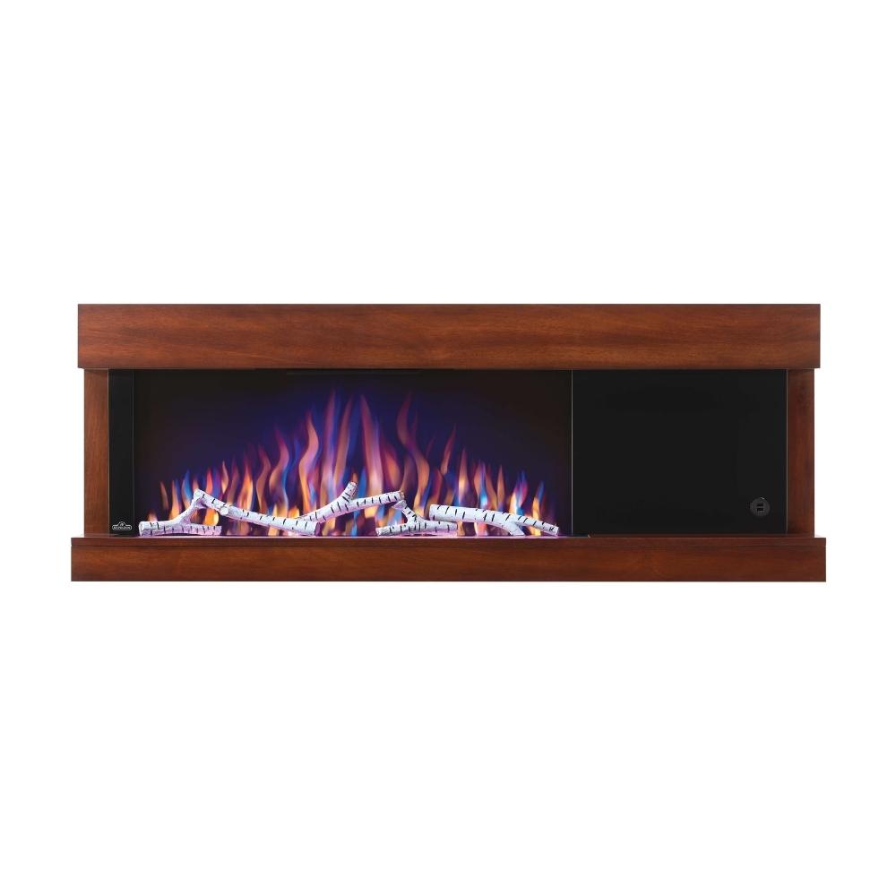 Napoleon Stylus 59-Inch wall mounted electric fireplace with glowing ember logs and USB charging port.