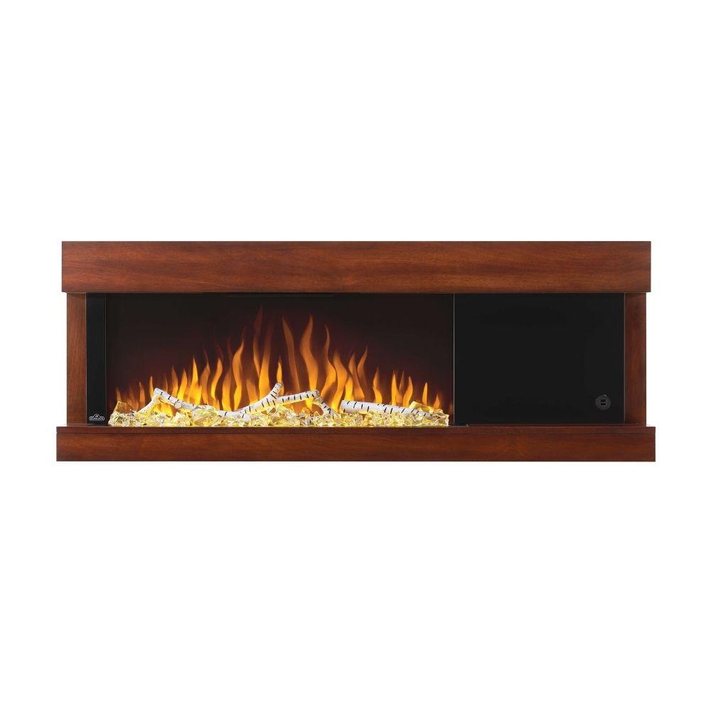 Napoleon Stylus 59-Inch Wall Mounted Electric Fireplace with glowing flames and USB charging port.