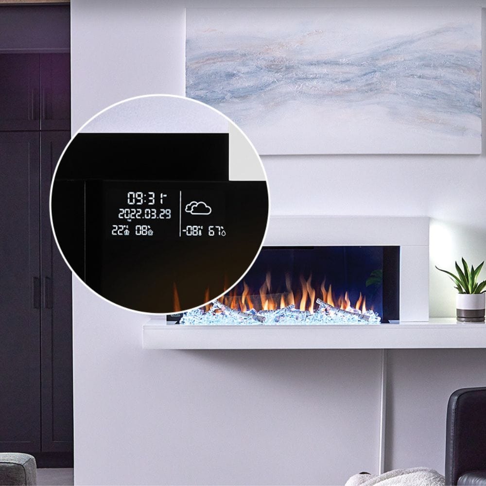 Close-up of Napoleon Stylus Cara Elite smart electric fireplace display, showcasing flames and weather information.