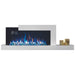 Napoleon Stylus Cara Elite 59-Inch Wall Mounted Electric Fireplace with vibrant blue flames and modern shelf design.