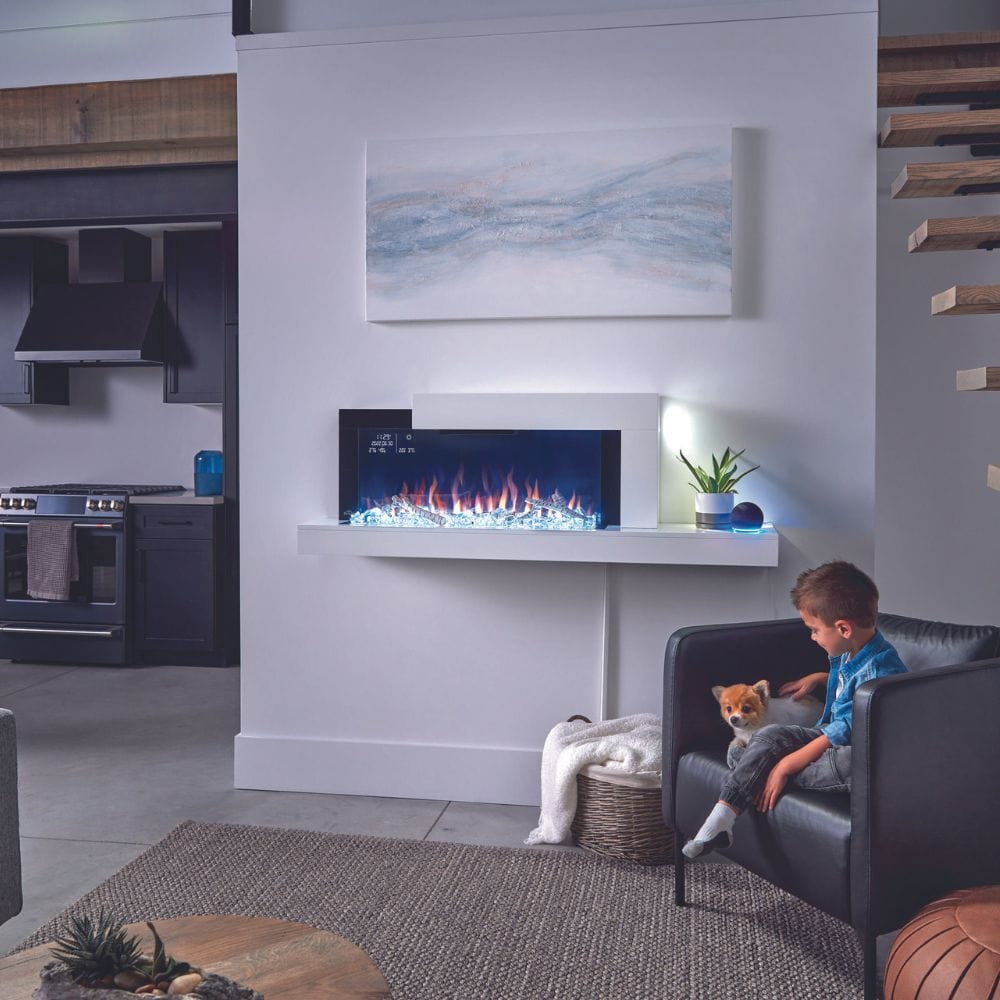 Kid with a dog relaxing by a modern wall-mounted electric fireplace in a chic living room setting.