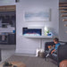 Kid with a dog relaxing by a modern wall-mounted electric fireplace in a chic living room setting.