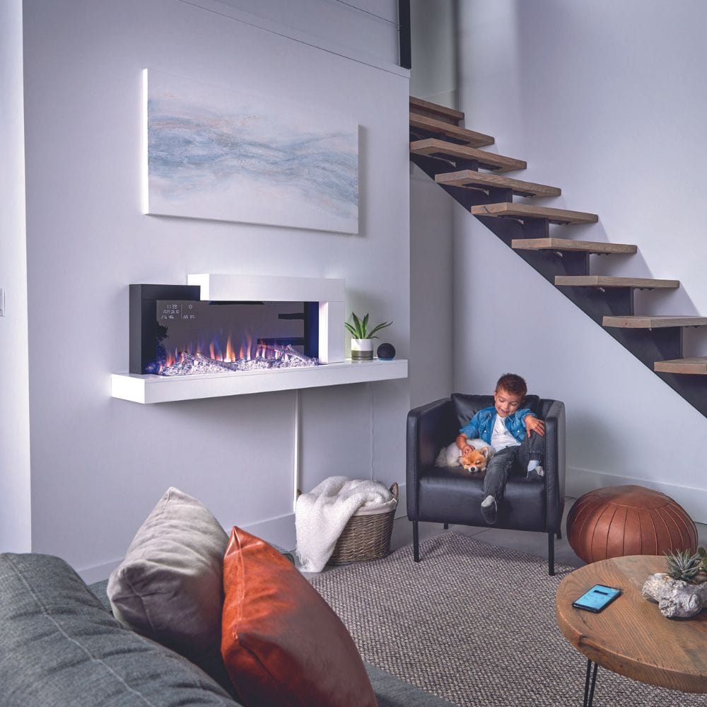 Stylish wall-mounted electric fireplace in modern living room with child enjoying cozy ambiance.