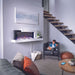 Stylish wall-mounted electric fireplace in modern living room with child enjoying cozy ambiance.
