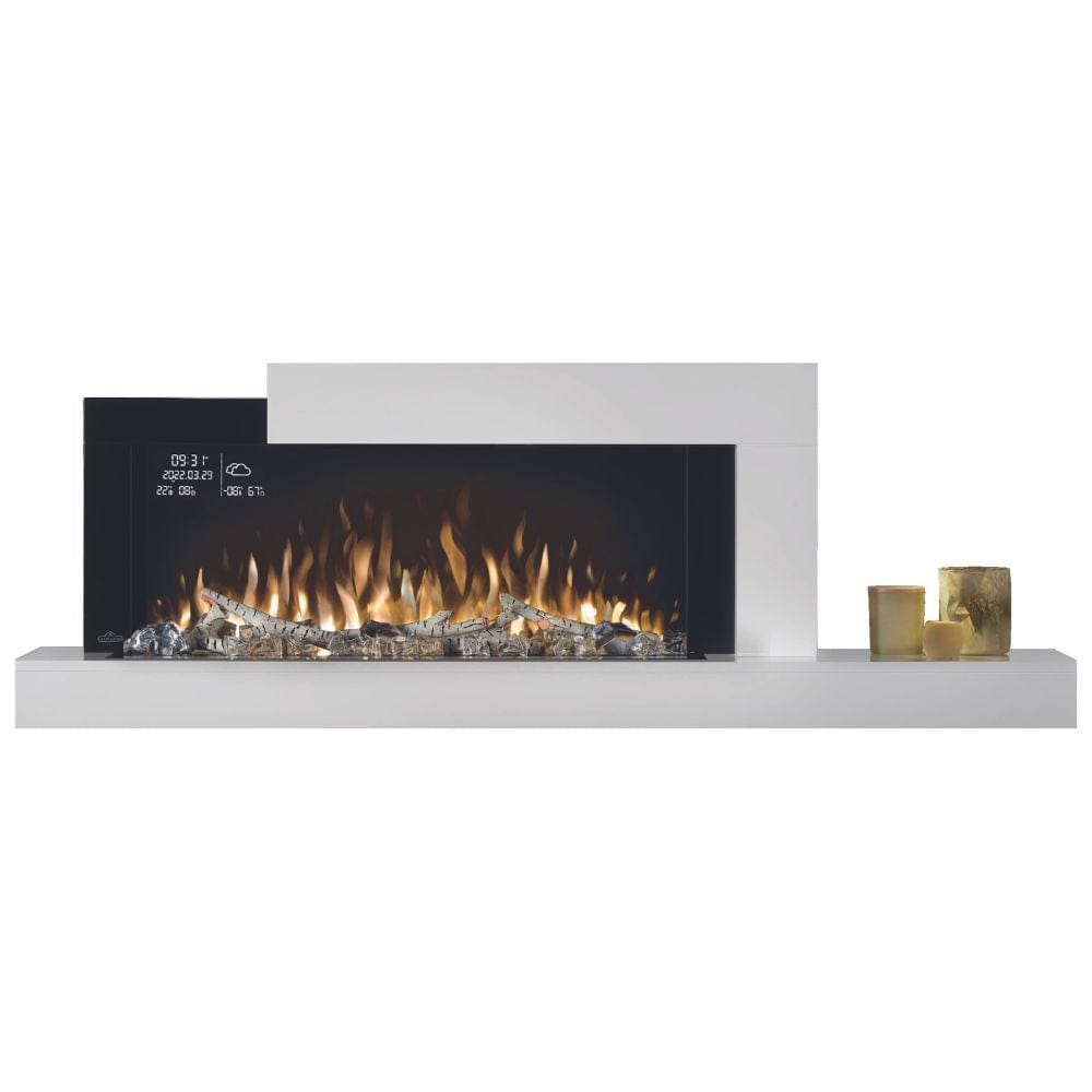 Napoleon Stylus Cara Elite 59-Inch electric fireplace with flames and decorative candles, perfect for modern home decor.
