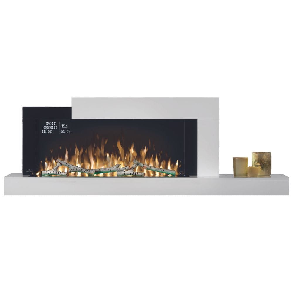 Napoleon Stylus Cara Elite 59-Inch wall mounted electric fireplace with elegant flames and modern shelf design.