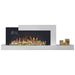 Napoleon Stylus Cara Elite 59-Inch wall mounted electric fireplace with elegant flames and modern shelf design.