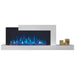 Napoleon Stylus Cara Elite 59-Inch wall-mounted smart electric fireplace with blue flames and stylish shelf.